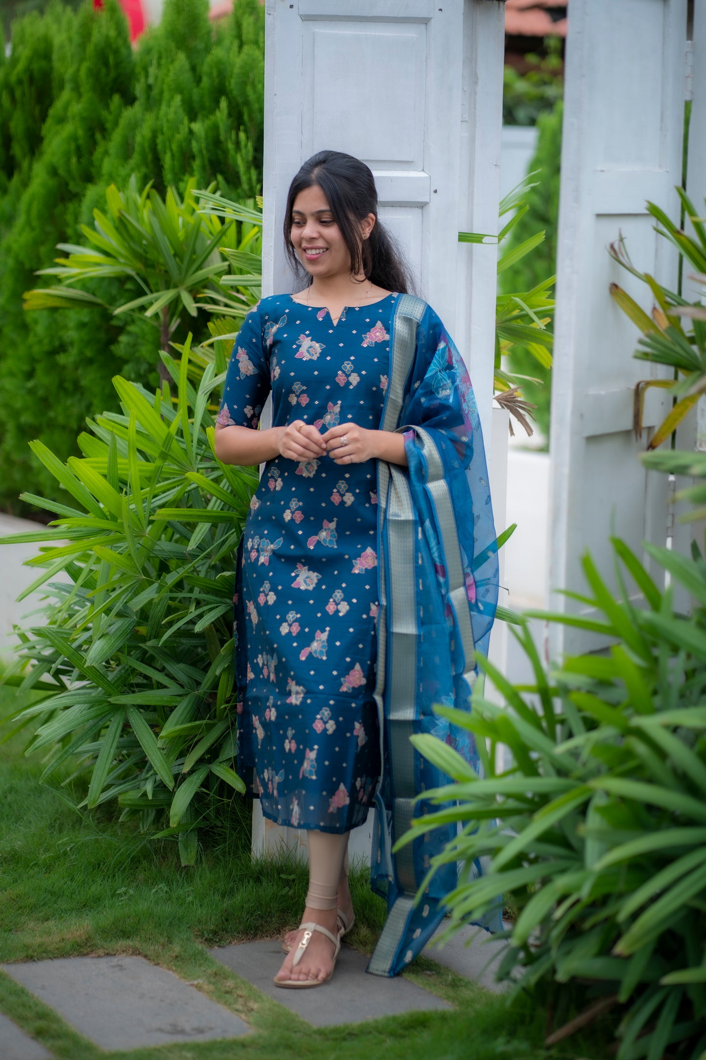 AA063 Chanderi Silk Peacock Blue Kurti with Organza Dupatta