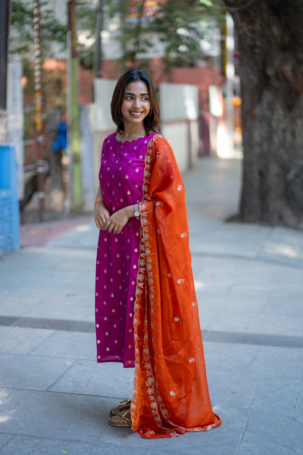 AA264 Pink Banarasi Silk Kurti with Rust Orange Silk Dupatta
