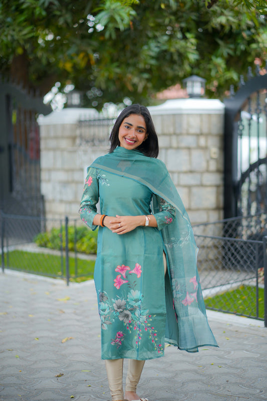 AA122 Teal Blue Shimmer Silk Kurti With Dupatta