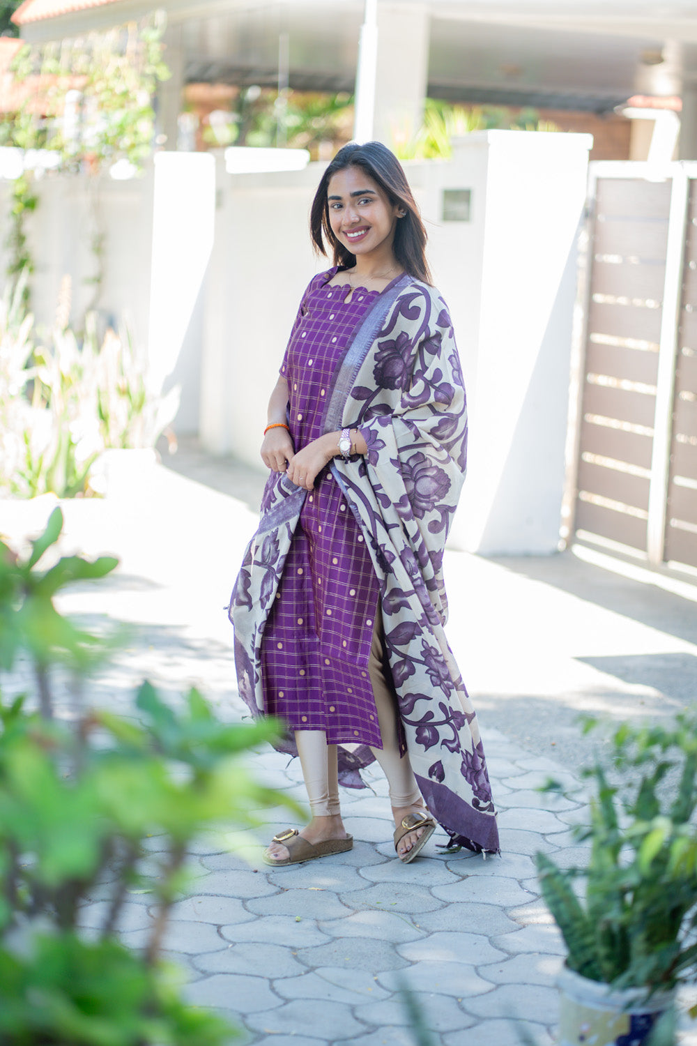 AA268 Purple Checks Raw Silk Kurti with Kalmkari Dupatta