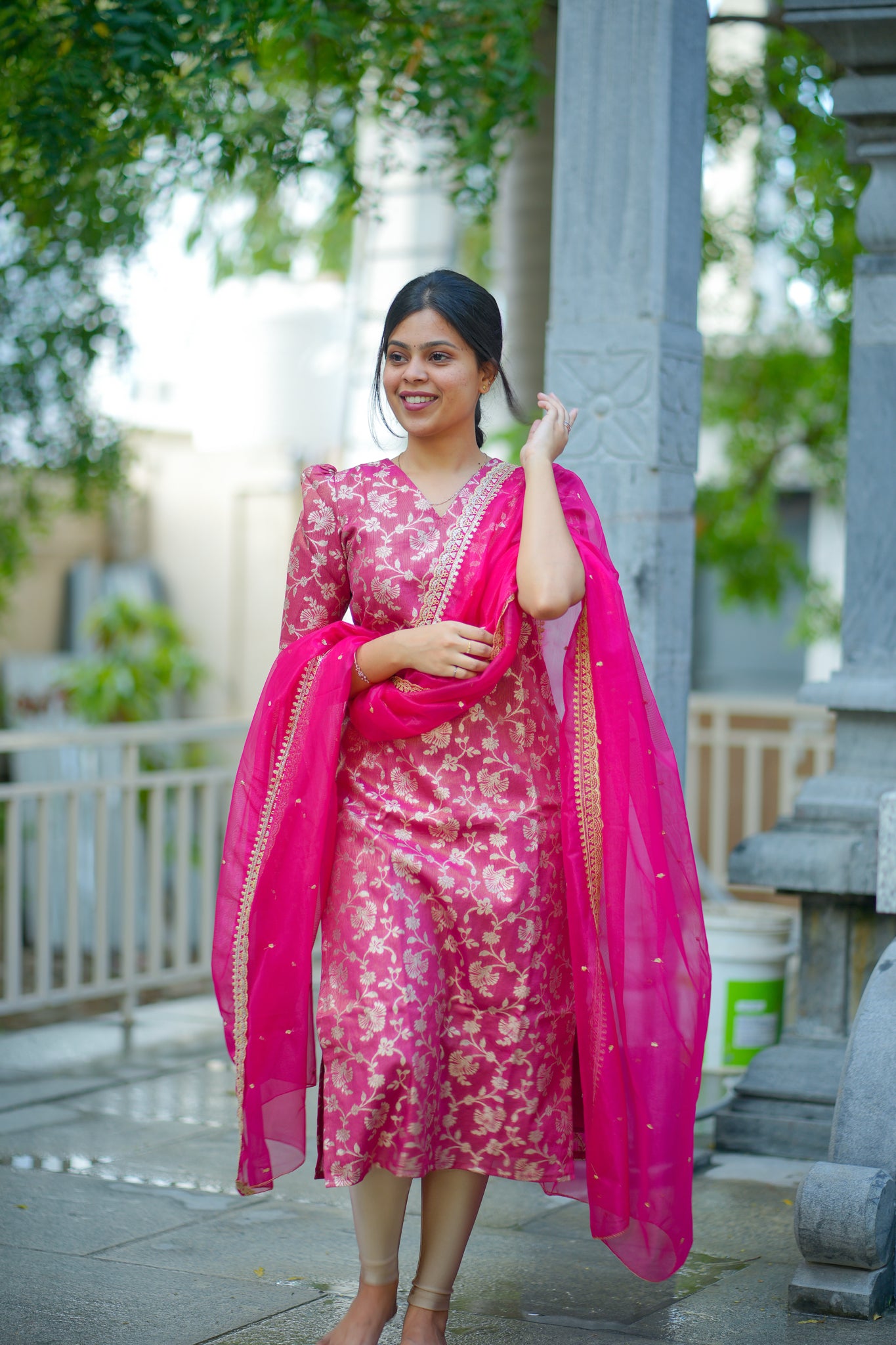 AA106 Hot Pink Tissue Brocade  Silk kurti with Designer Organza  Dupatta