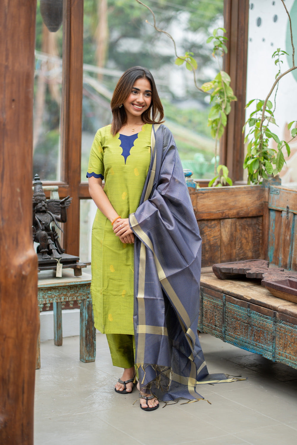 Parrot Green Raw Silk Kurti & Pant with Golden Floral Motifs Paired with Blue Zari Checks Dupatta(Neck & Sleeve patched with Blue semi raw Silk Fabric)