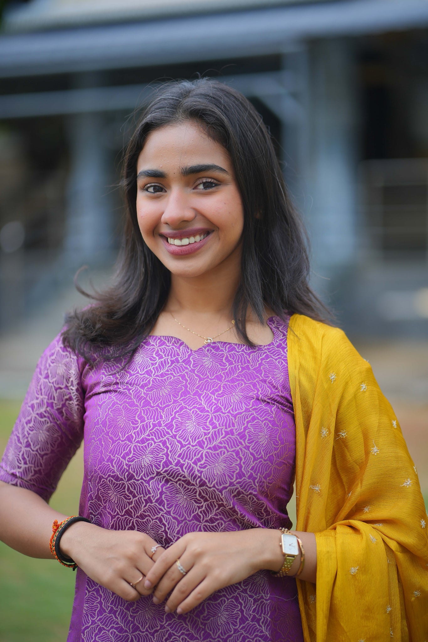 AA115 Purple Art Silk Kurti with Yellow golden Motifs Dupatta