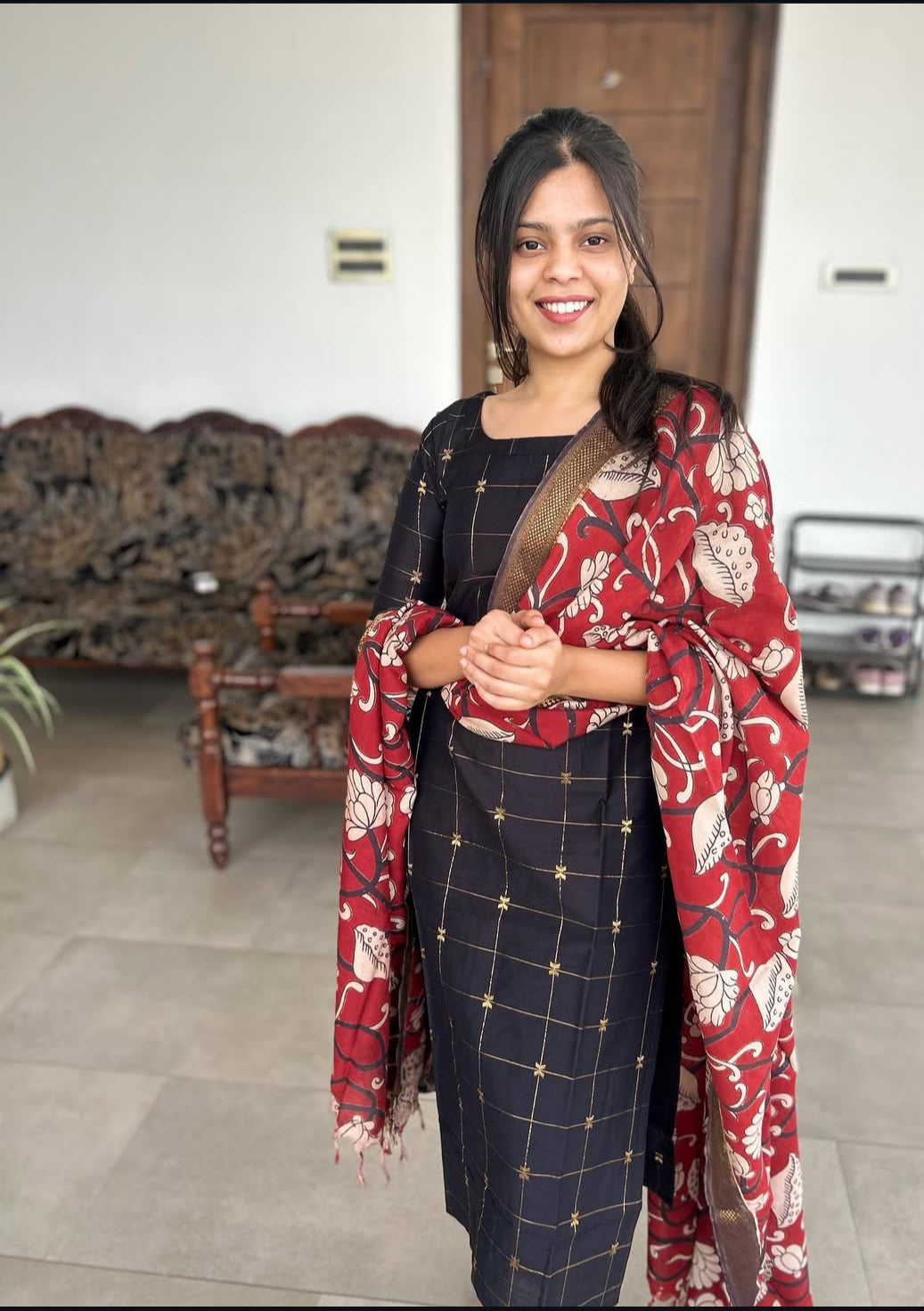 Black Raw Silk Kurti With Pure kalamkari Dupatta
