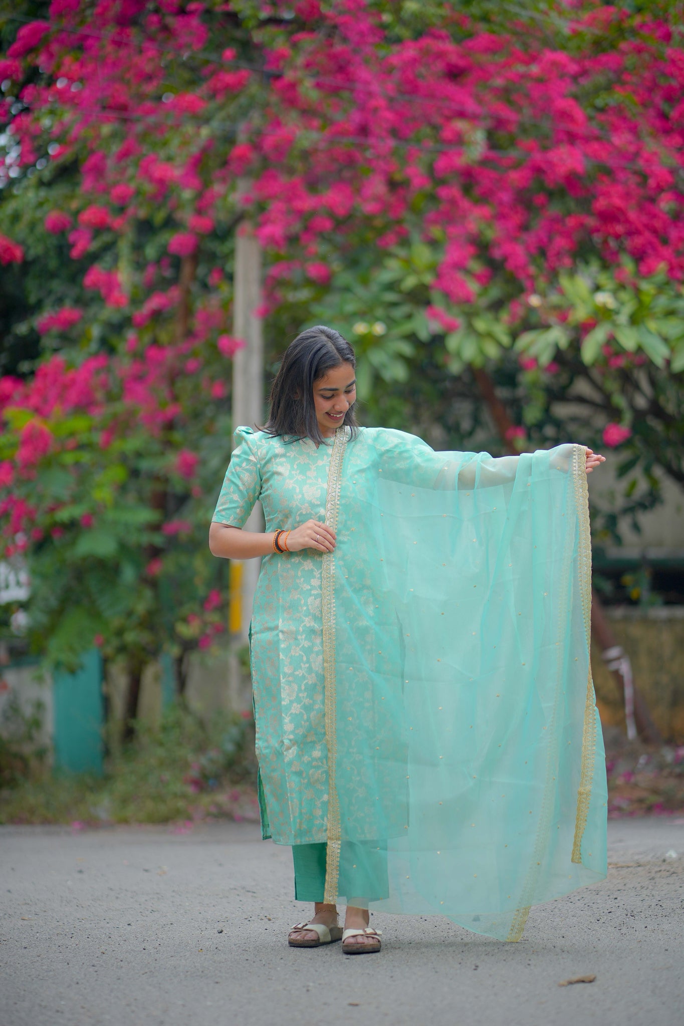 AA119 Turquoise Blue Brocade Silk 3 PC Set