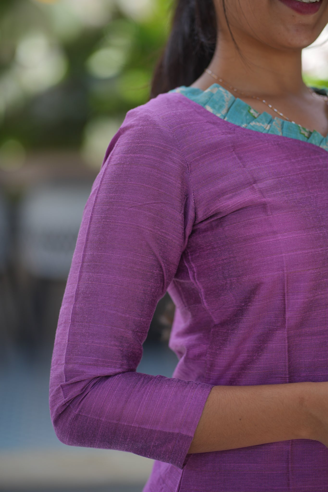 AA111 Lavender Raw Silk Kurti With Blue Jacquard Dupatta