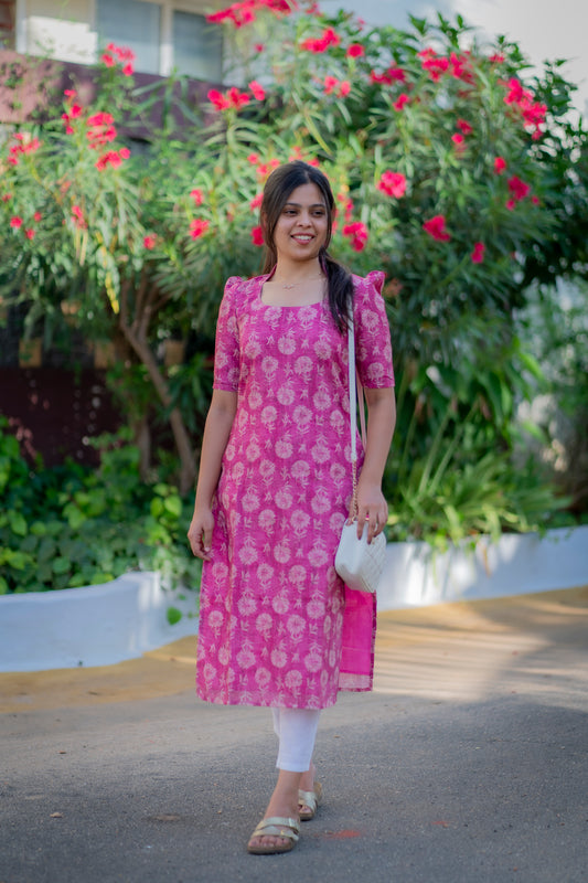 AA025 Rose Pink Floral Cotton Lurex Kurti