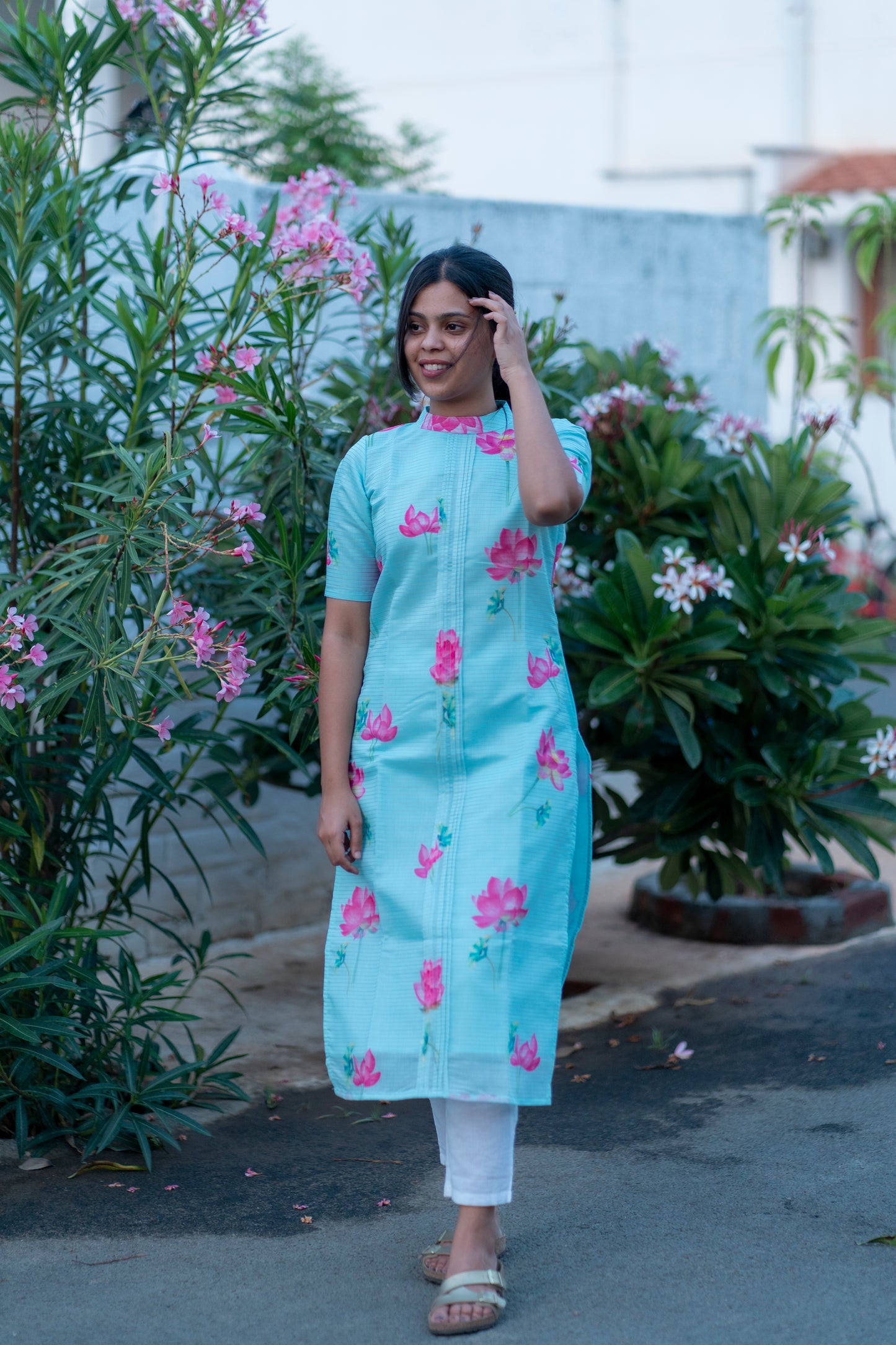 AA028 Aqua Blue Lotus Cotton Kurti
