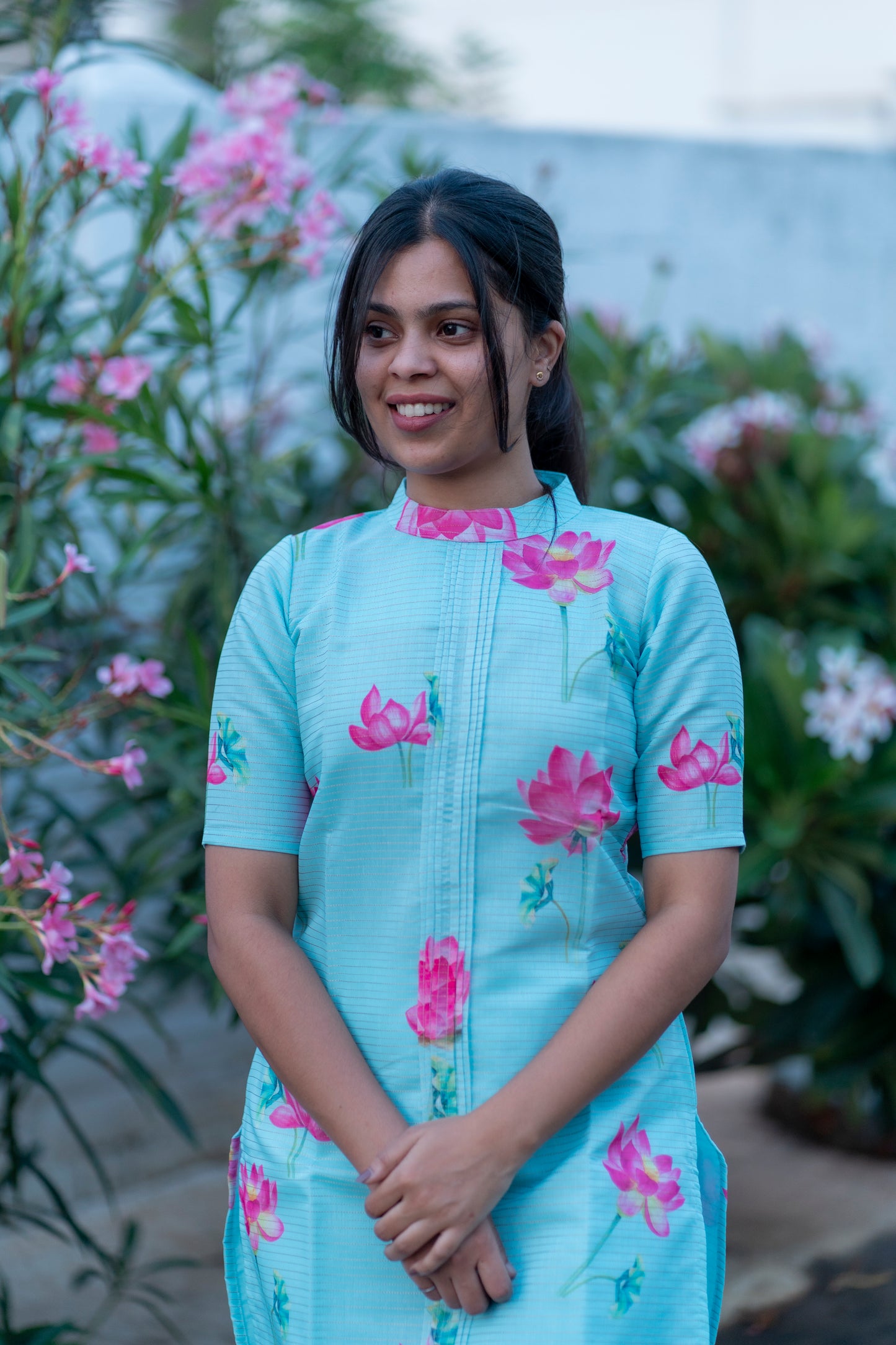 AA028 Aqua Blue Lotus Cotton Kurti