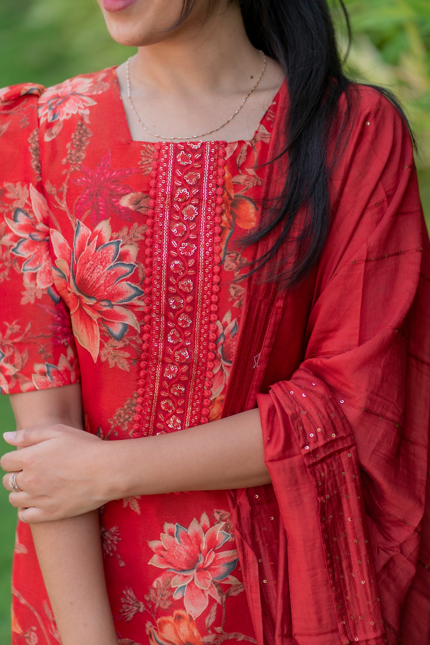 AA017 Red Shimmer Silk Top With Dupatta