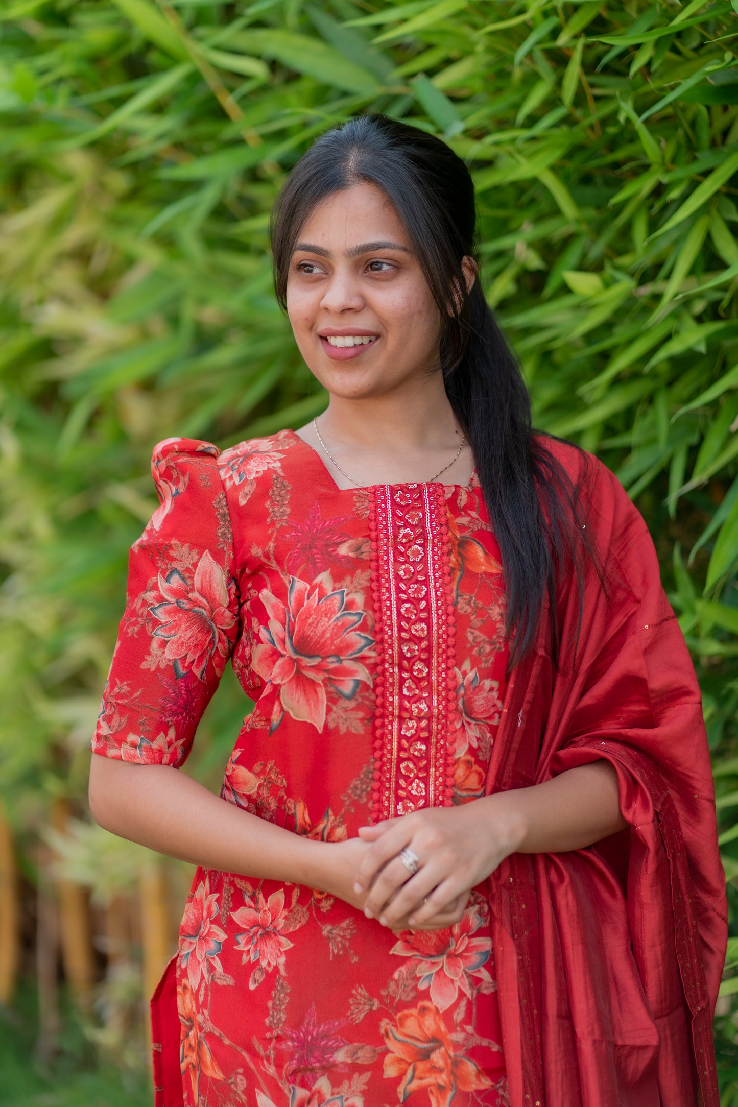 AA017 Red Shimmer Silk Top With Dupatta