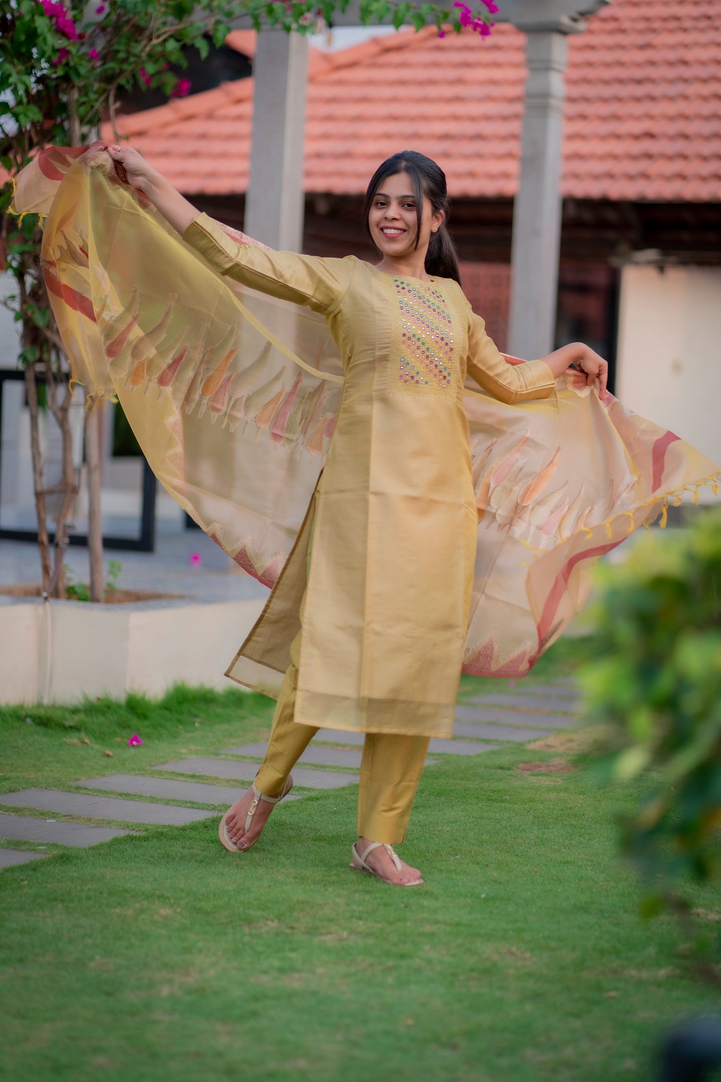 AA015 Mustard Tissue Silk 3 Pc Set