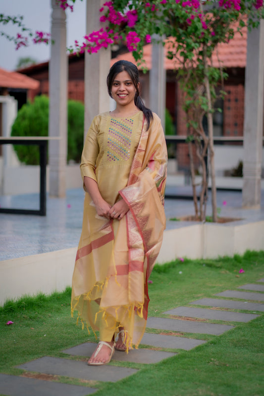 AA015 Mustard Tissue Silk 3 Pc Set