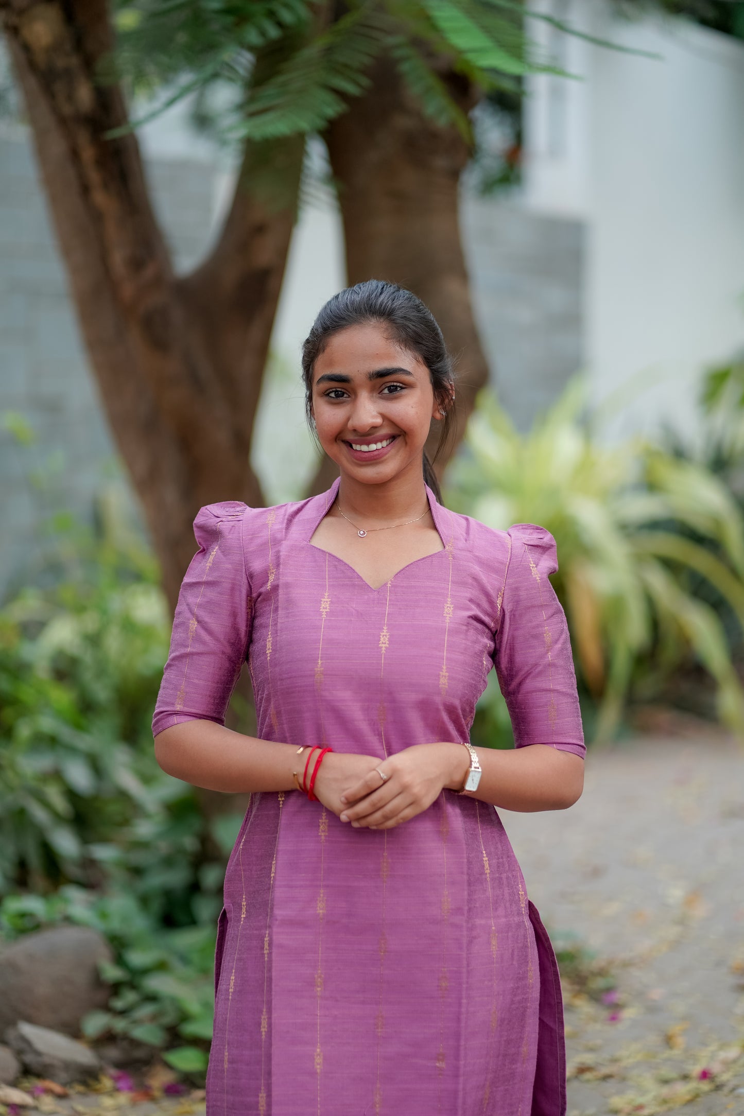 AA010 Lavender Pink Kurti & Dupatta With Gold lines