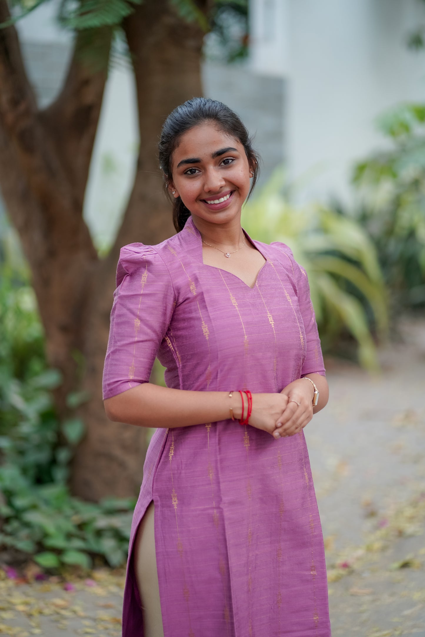 AA010 Lavender Pink Kurti & Dupatta With Gold lines