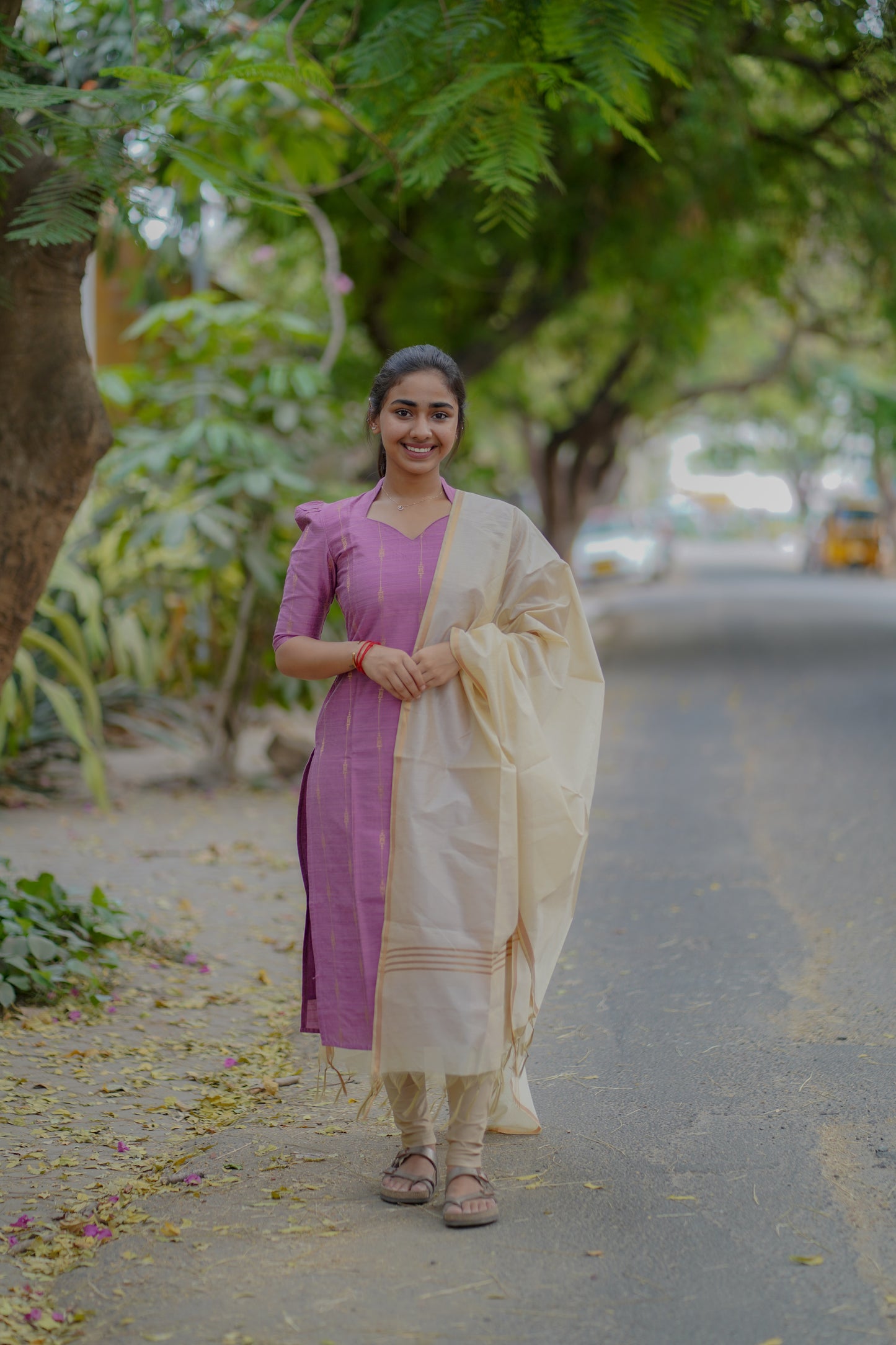AA010 Lavender Pink Kurti & Dupatta With Gold lines