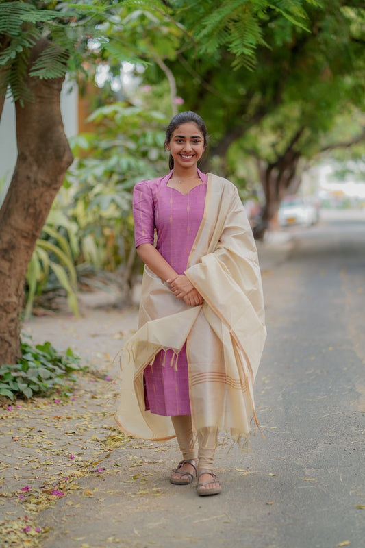 AA010 Lavender Pink Kurti & Dupatta With Gold lines