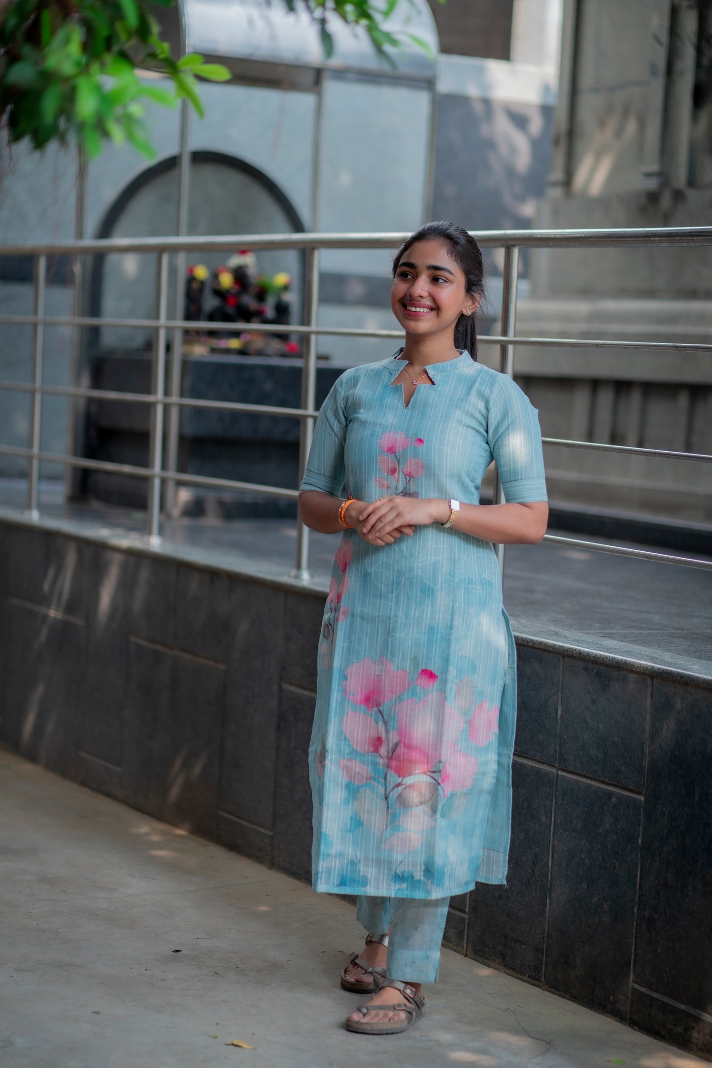 AA012  Blue Linen Silk Floral 3 Pc Set