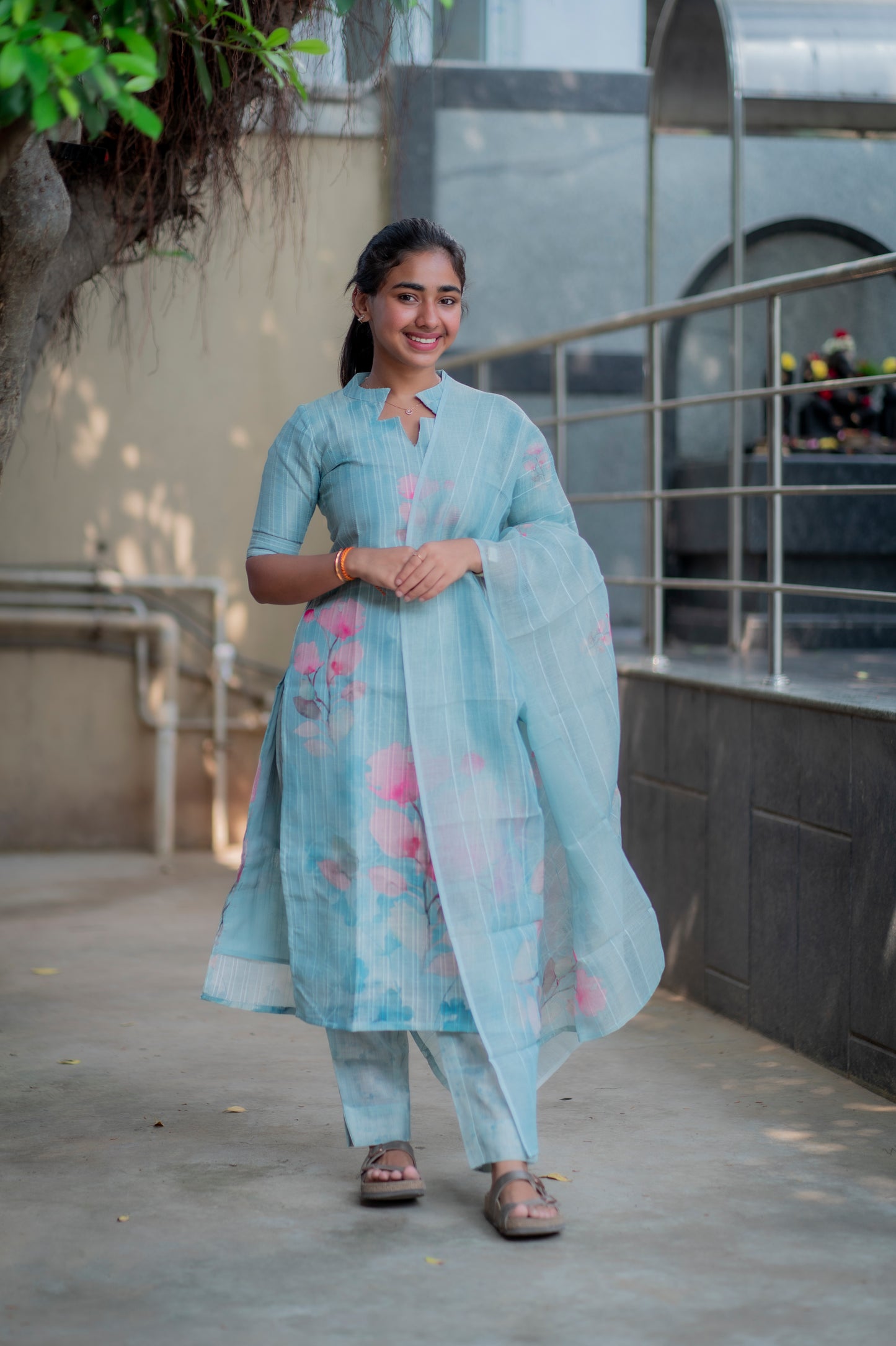 AA012  Blue Linen Silk Floral 3 Pc Set