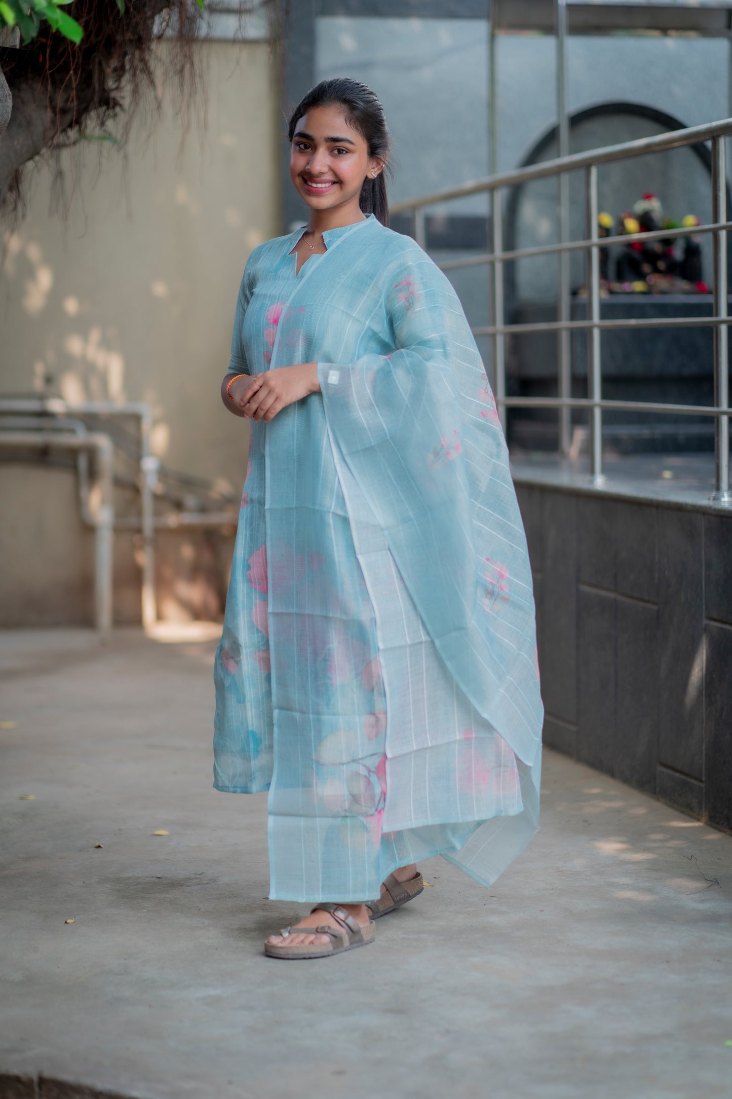 AA012  Blue Linen Silk Floral 3 Pc Set