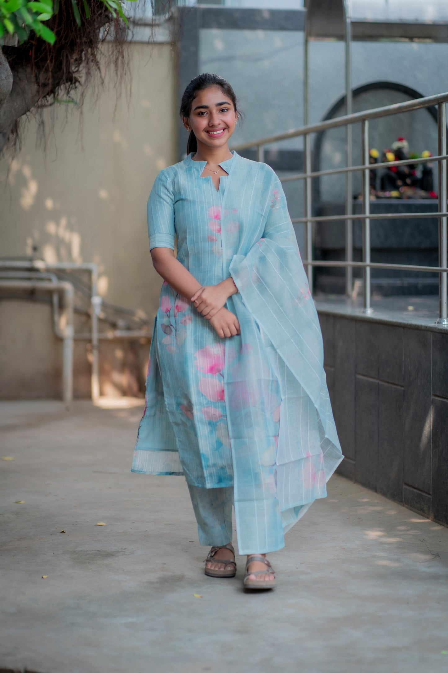 AA012  Blue Linen Silk Floral 3 Pc Set