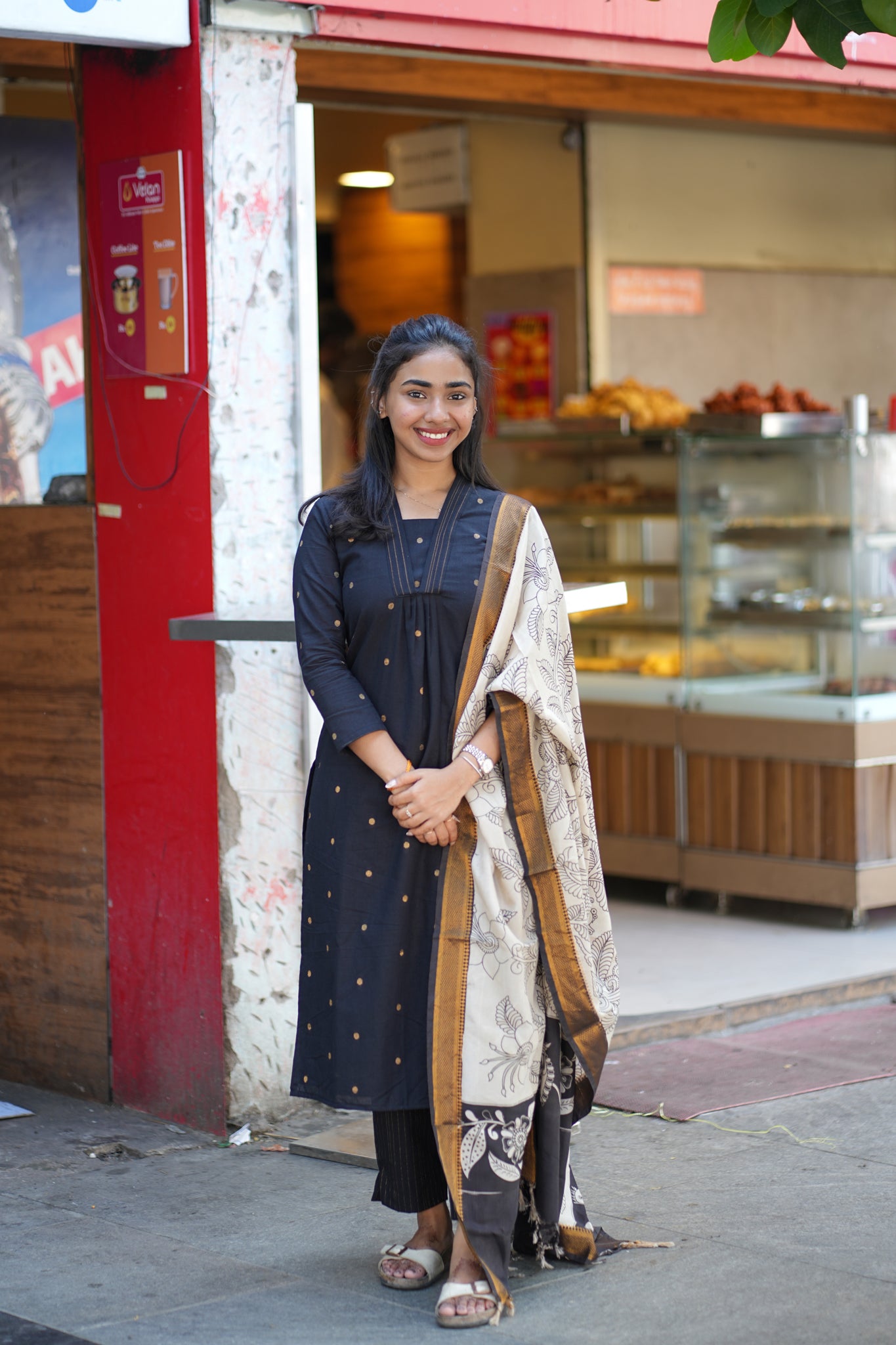 AA134 Stunning Black Raw Silk Kurti with Pant & Kalamkari Dupatta (3 PC Set )
