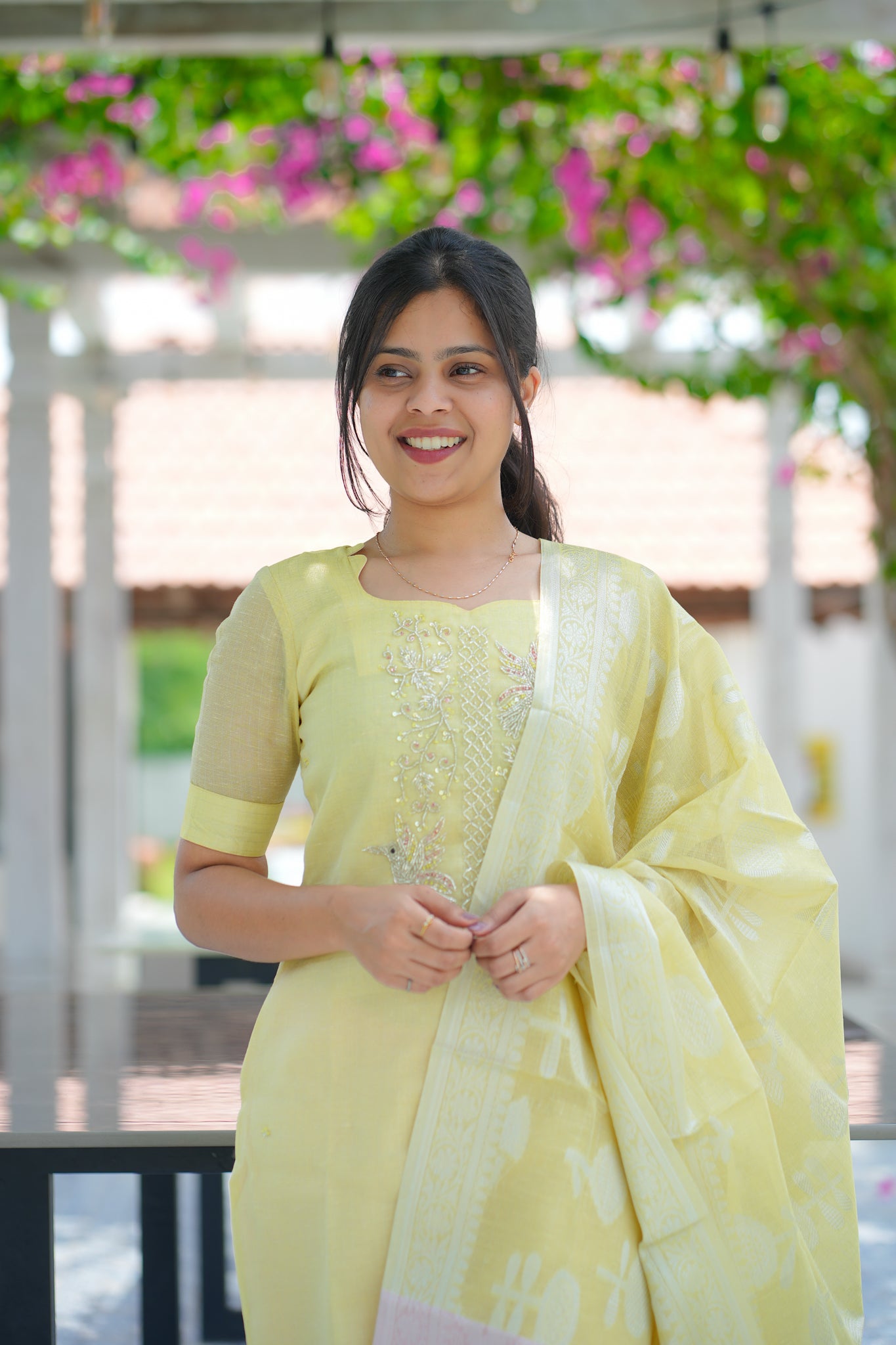 AA127 Pastel Yellow with pink combo Bead Work Tissue Silk 3 Pc Set