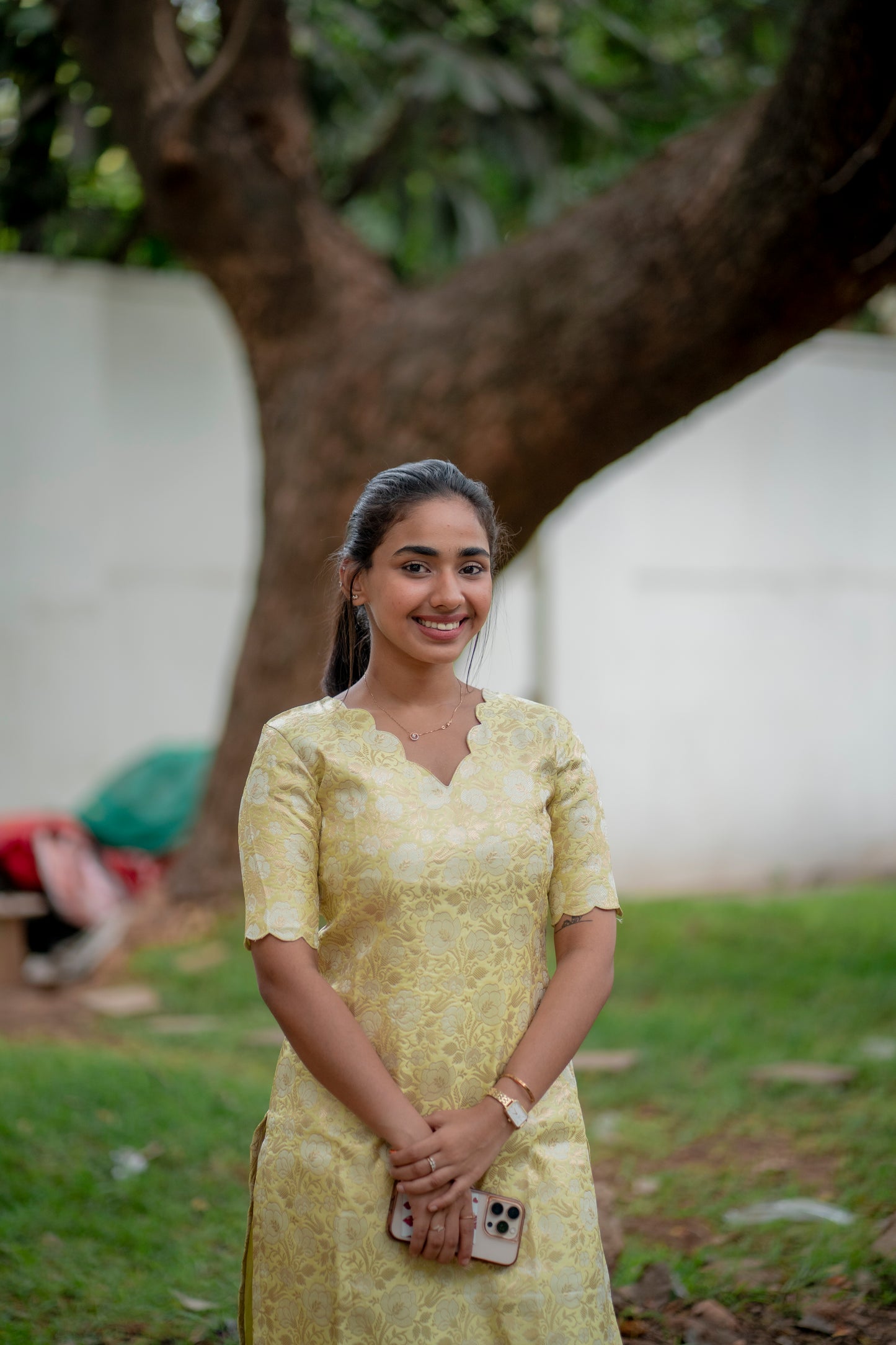AA103 Pastel Yellow Brocade Silk Kurti