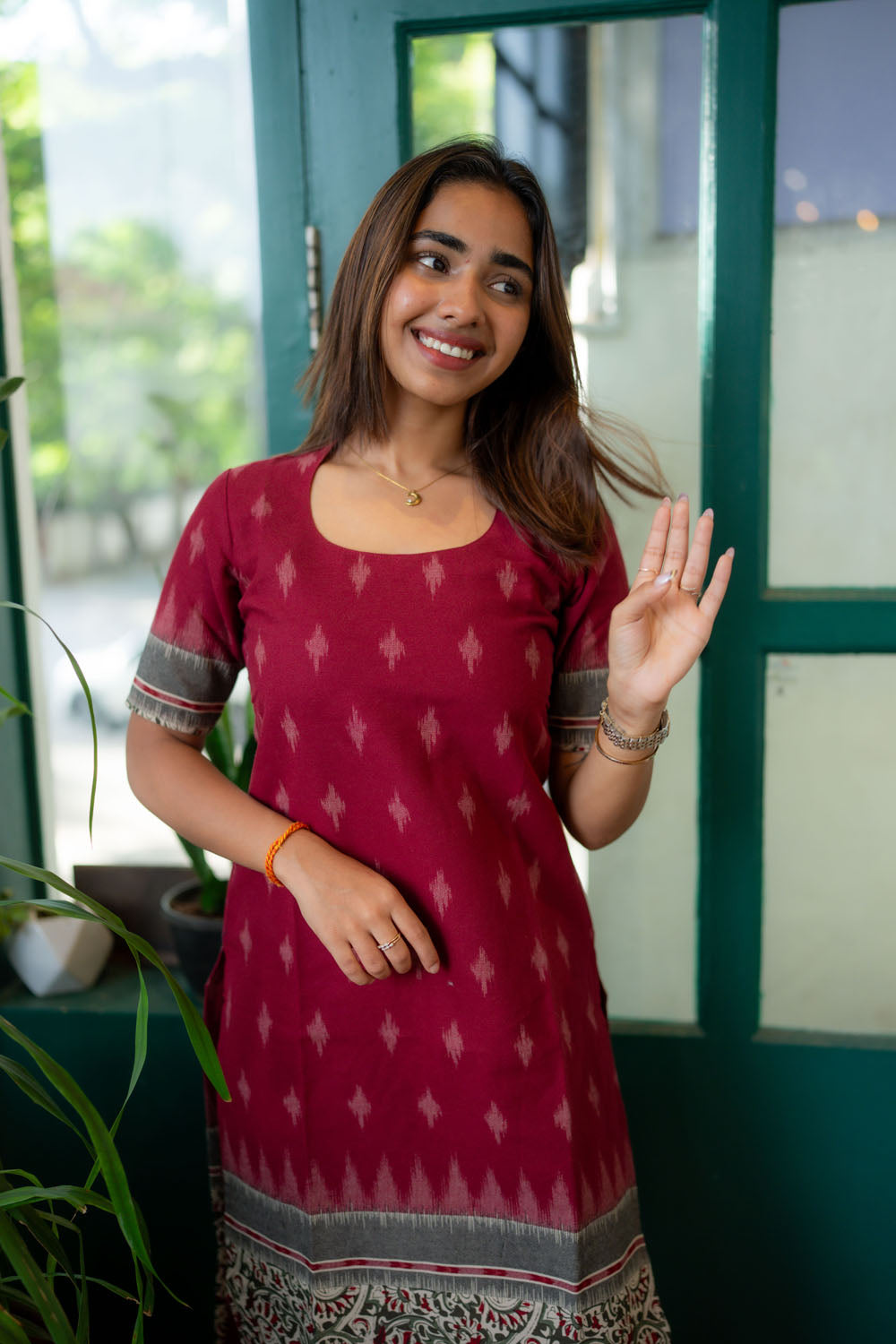 AA249 Maroon Cotton Kurti with Kalmkari Border