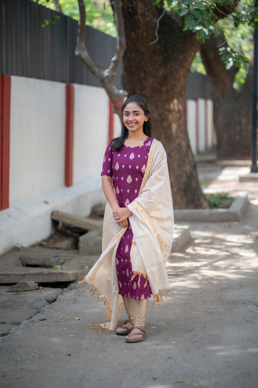 AA100 Wine Jacquard Silk Kurti with White Golden stripes