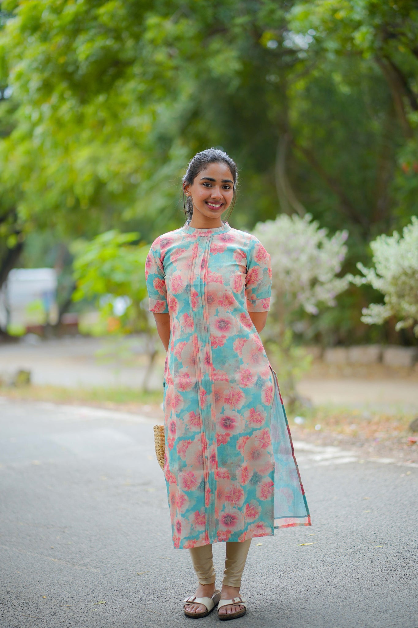 AA116 Blue Floral Linen Silk Kurti