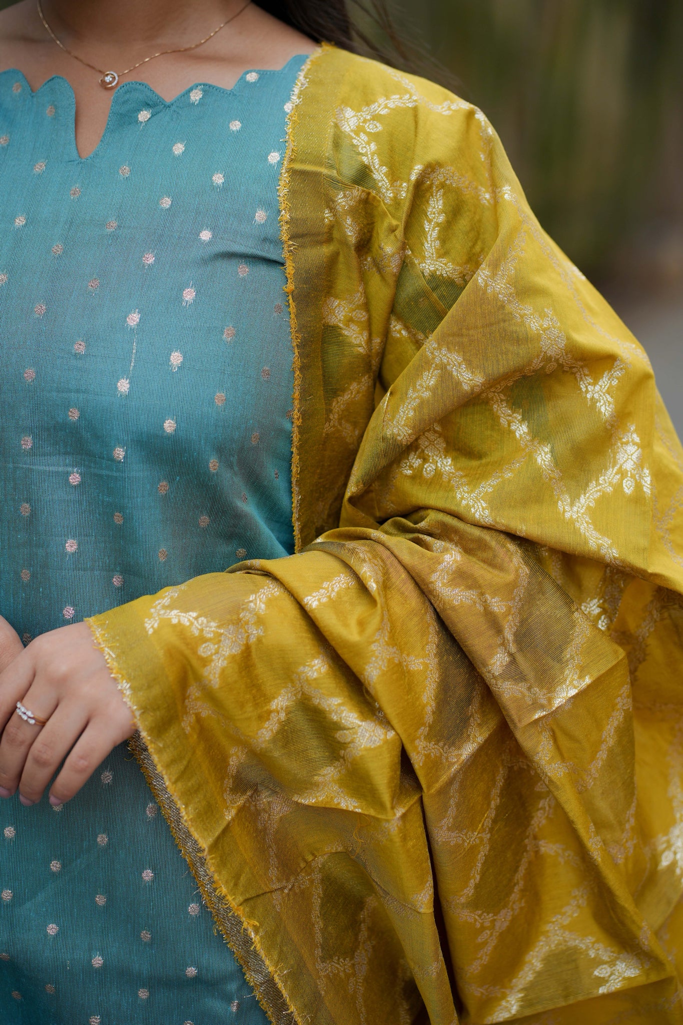 AA118 Blue Raw Silk Kurti With Mustard Brocade Dupatta