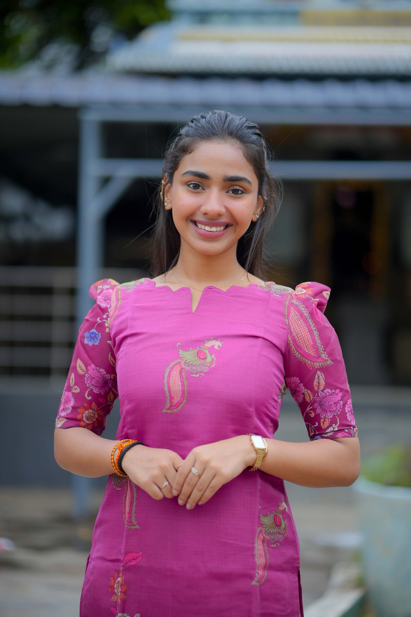 AA112 Pink Floral Peacock Organza Kurti