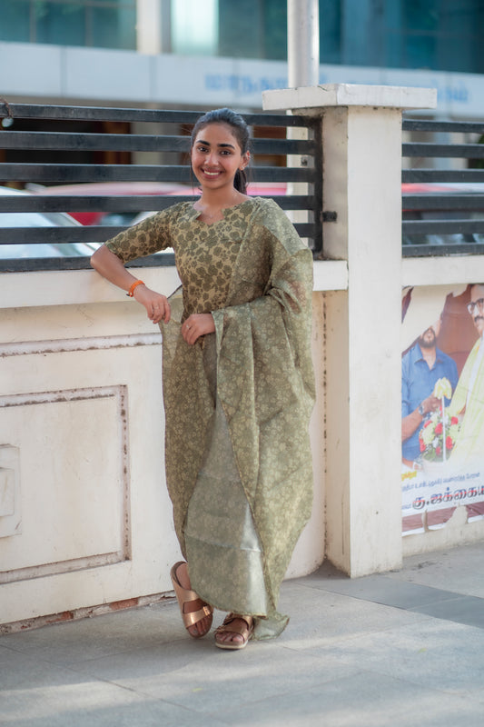 AA092 Green Floral Kota Kurti with Kota Dupatta