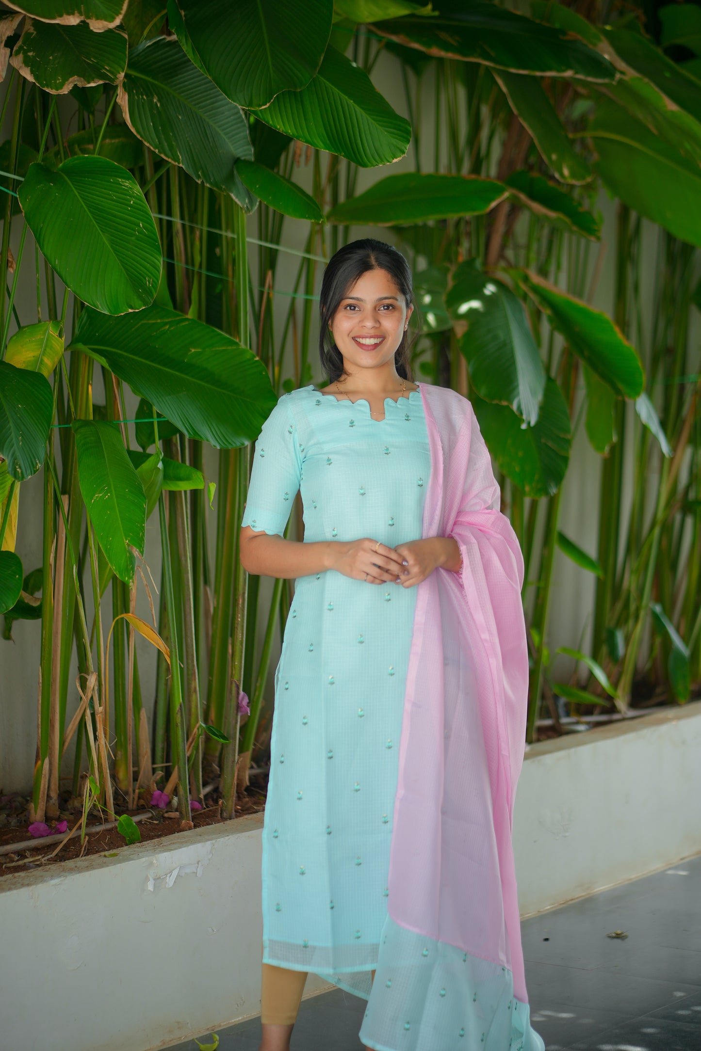 AA129 Blue Kota Kurti with Pink Kota Dupatta