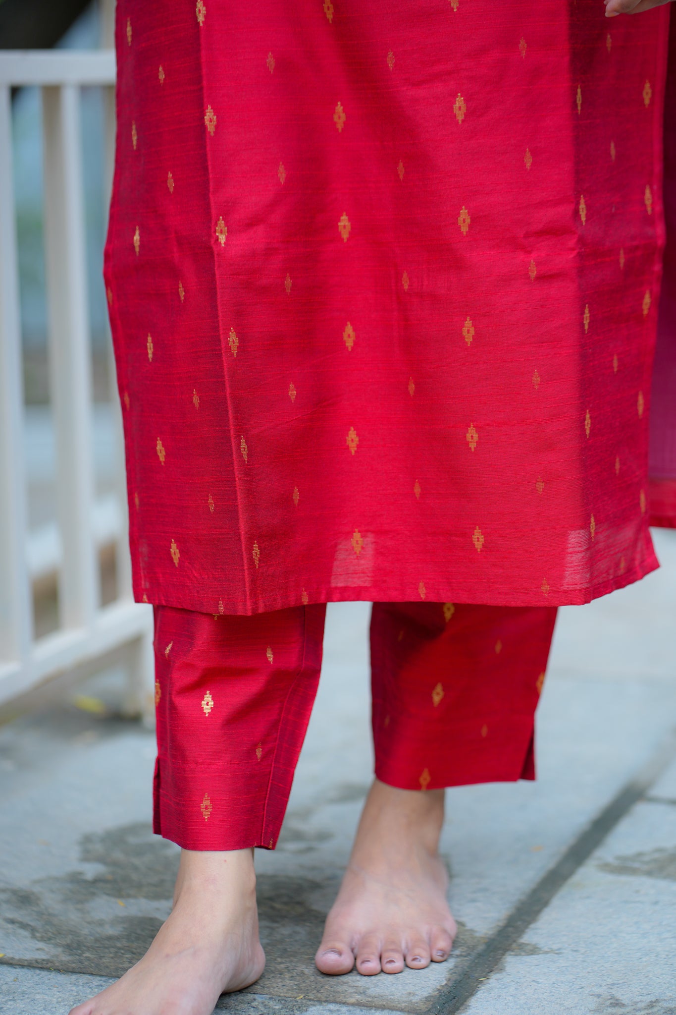 AA120 Cherry Red Raw Silk Kurti & Pant with Kota Dupatta (3 pc Set)