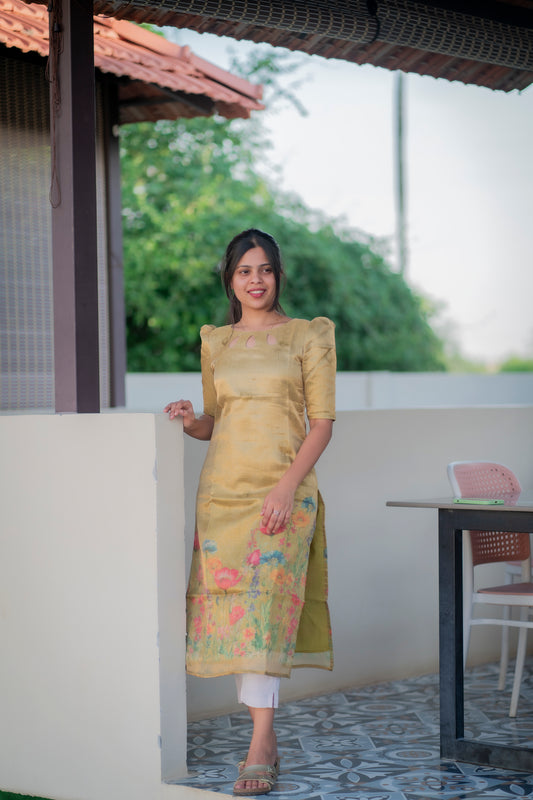 AA038 Green Floral Kota Shimmer Silk Kurti