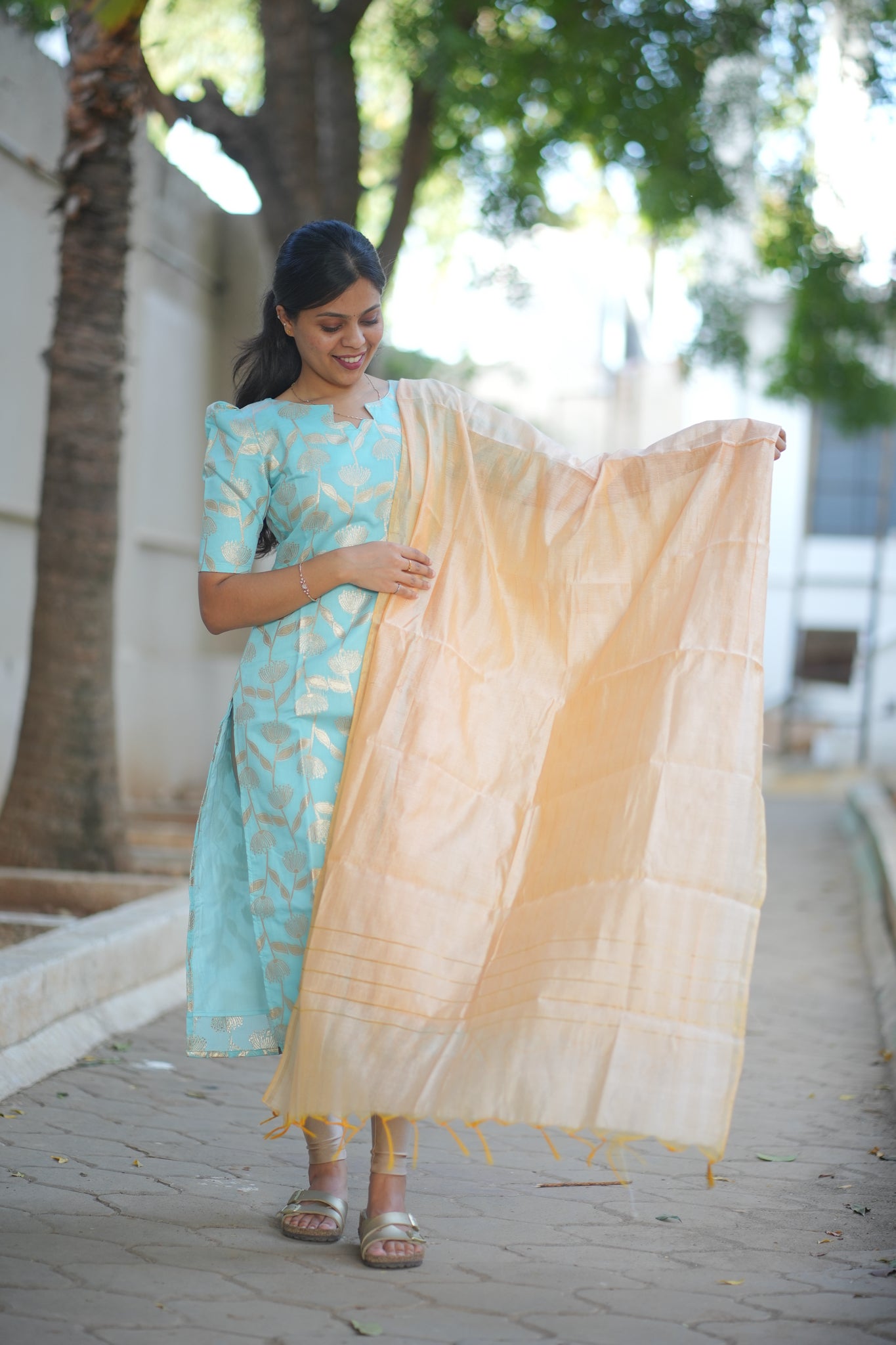 AA109 Blue with Peach Silk Kurti with Dupatta