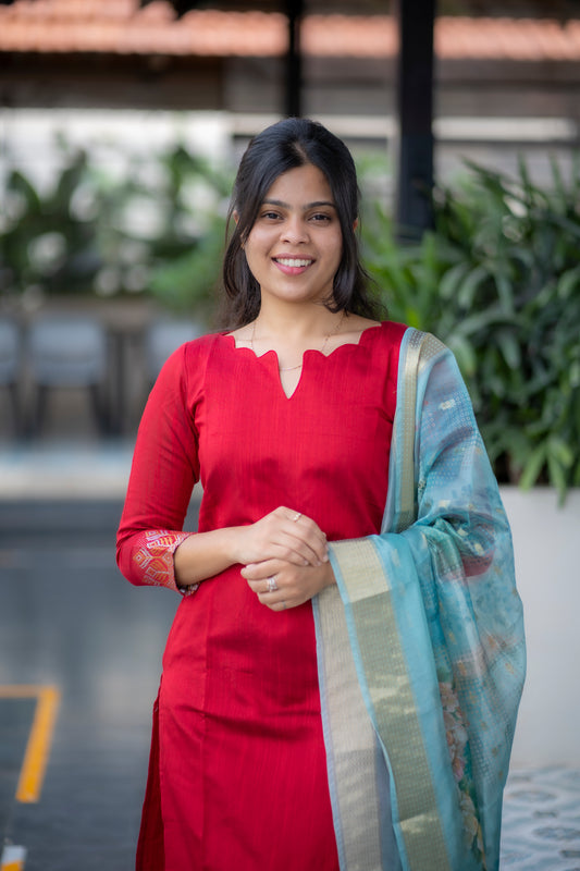 AA066 Red Silk Top with Blue Organza Shawl