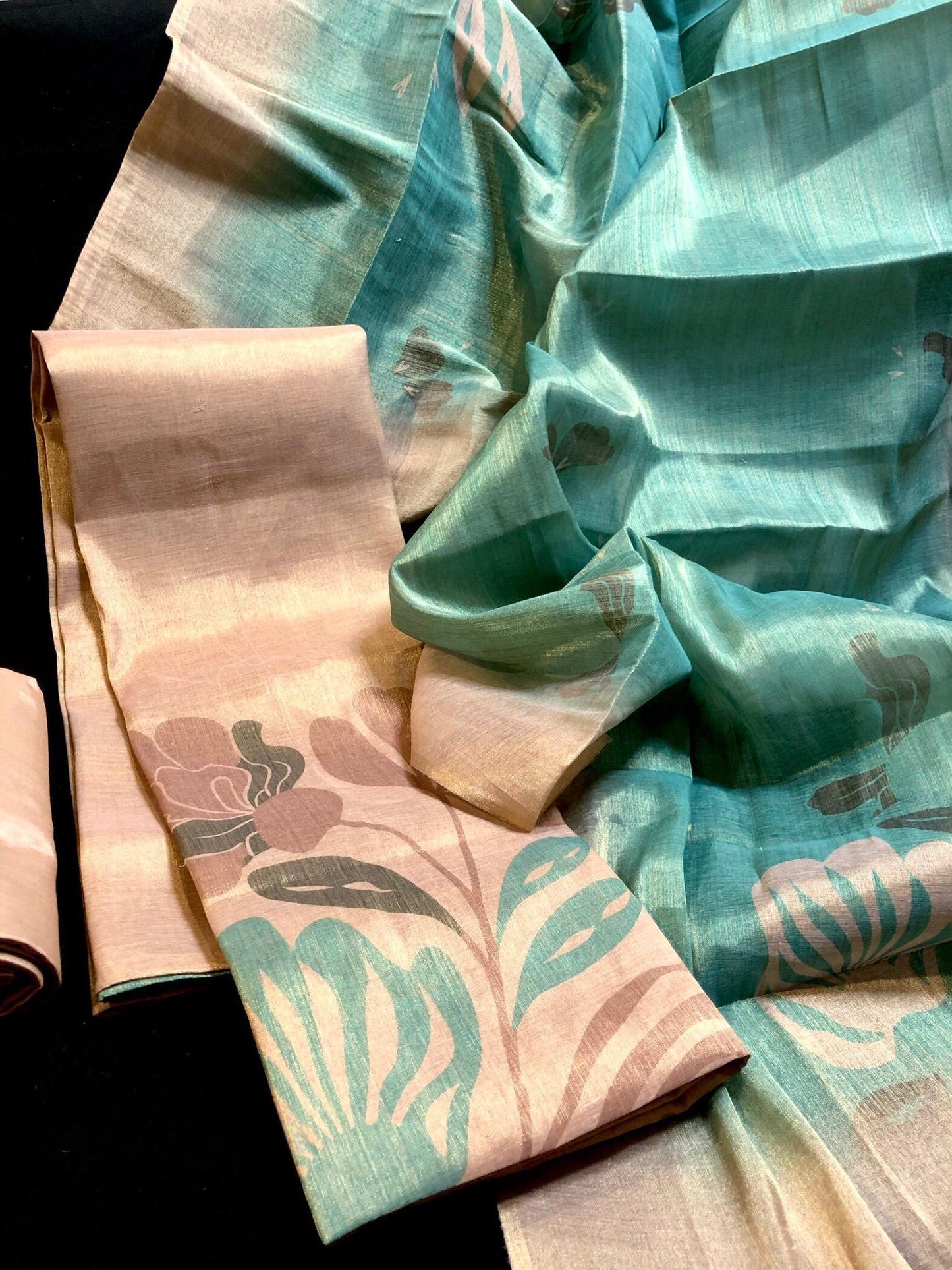 Cream with Blue Tissue Silk Salwar Material