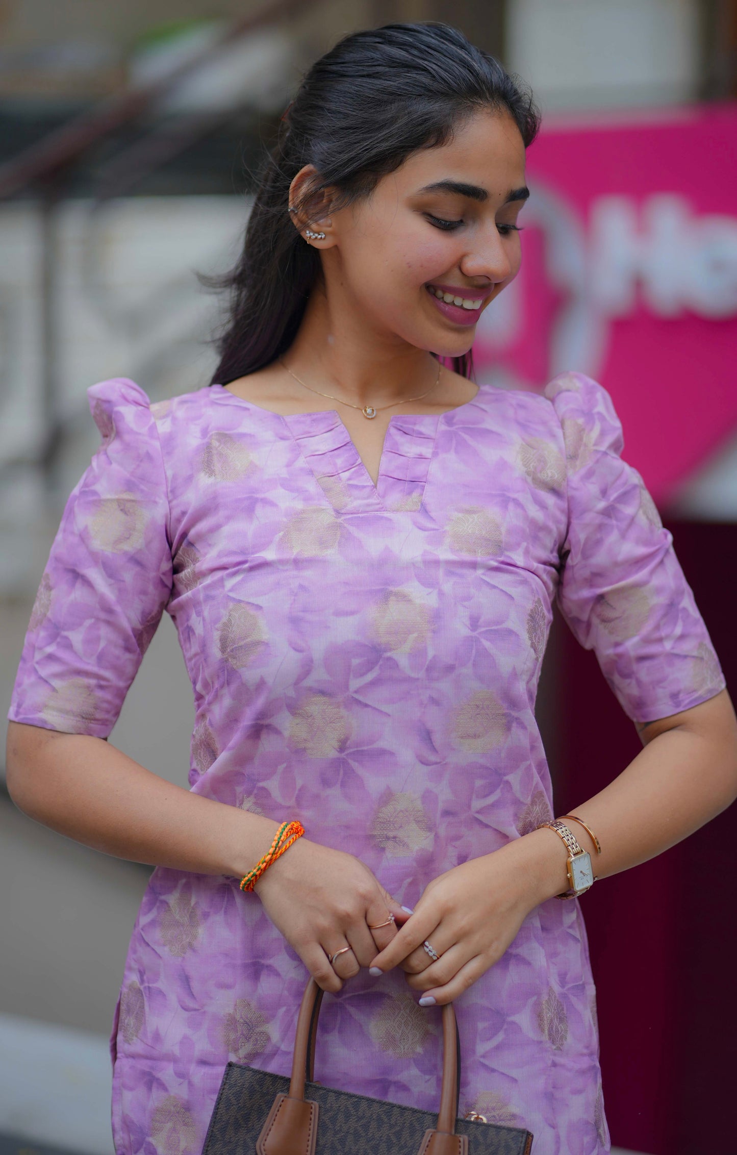 AA088 Lavender Floral with Golden Motifs Silk Kurti