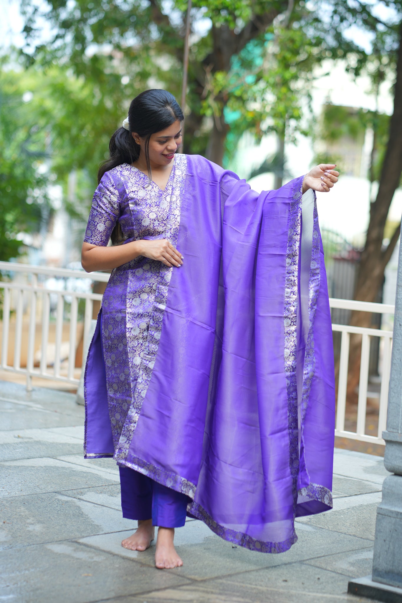 AA-125A Dark Violet Brocade Silk (3 pc Set) with Shimmer Silk Dupatta