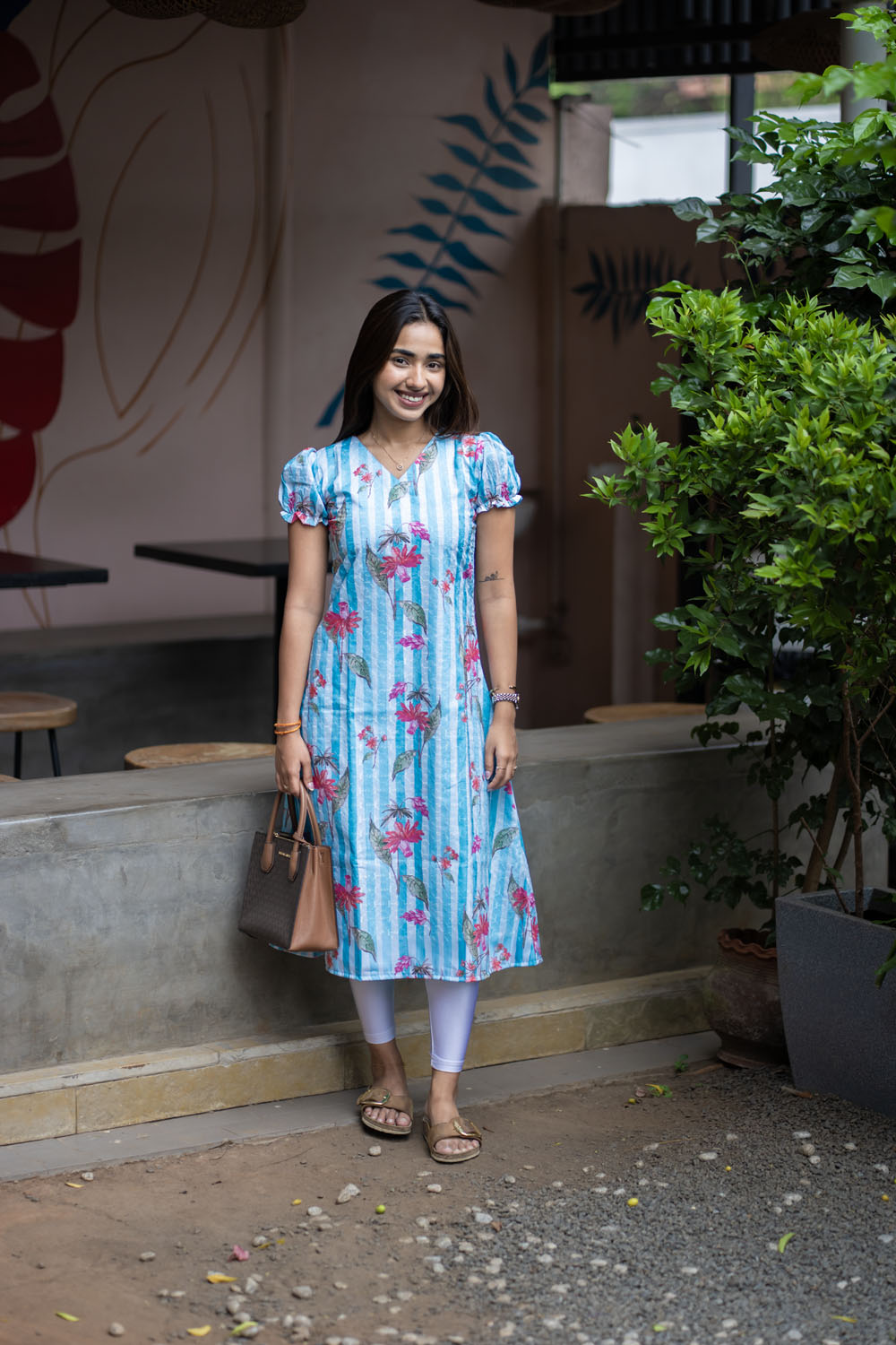 AA257 Blue with White Stripes Cambric Hakoba Floral Aline Kurti