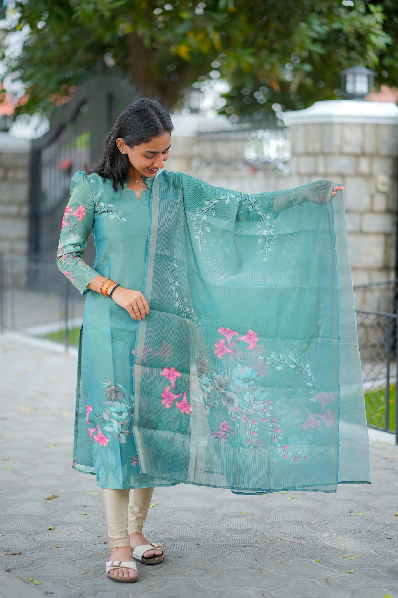 AA122 Teal Blue Shimmer Silk Kurti With Dupatta