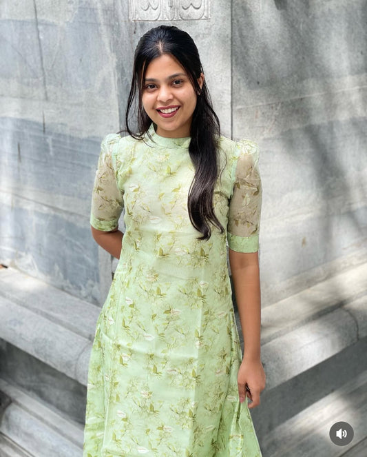 Apple Green Chanderi Silk A-line Kurti