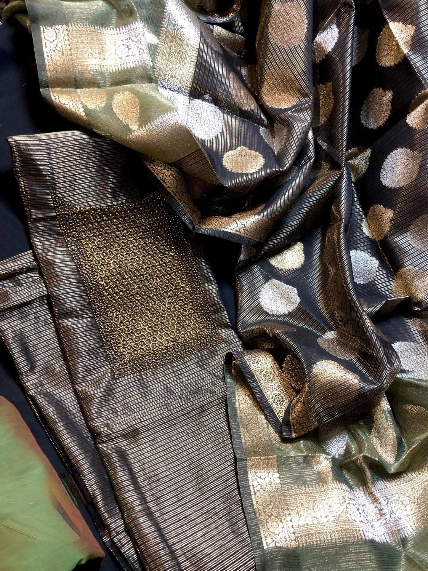 Black with Green Tissue Silk 3 pc set