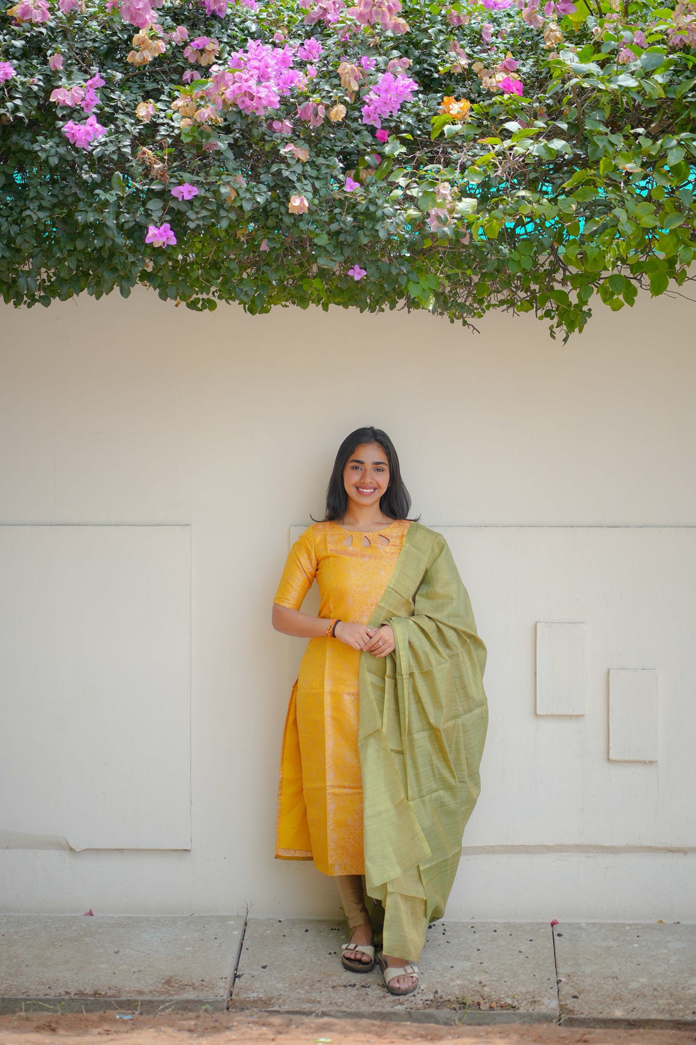 AA117 Mango Yellow Art Silk Kurti with Green Stripes Silk Dupatta