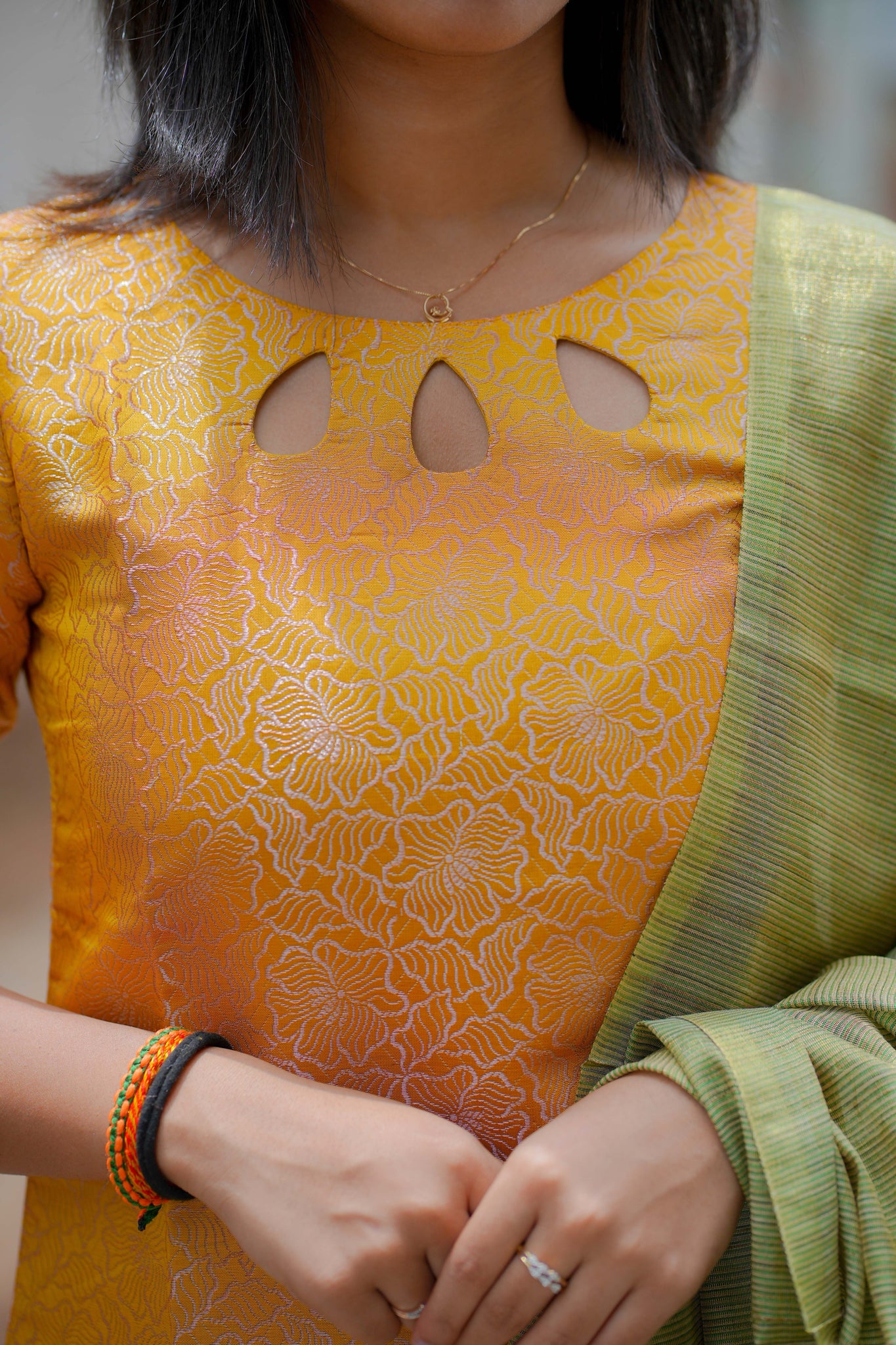 AA117 Mango Yellow Art Silk Kurti with Green Stripes Silk Dupatta