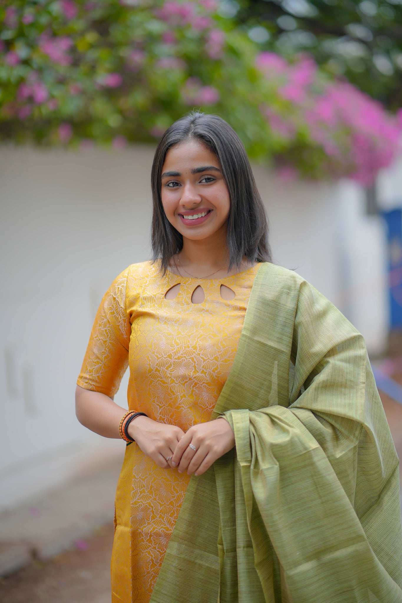 AA117 Mango Yellow Art Silk Kurti with Green Stripes Silk Dupatta