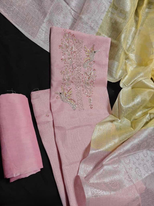 Pink with Yellow Combo Bead work Tissue Silk (3 Pc set)
